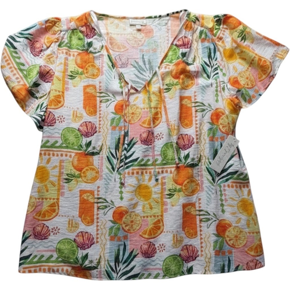 Kate and Lily Women 3X Tropical Fruit Print Tie Neck Blouse Orange Lime White